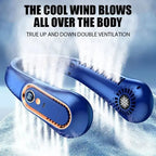 BreezeLoop hands-free bladeless neck fan in blue worn around neck