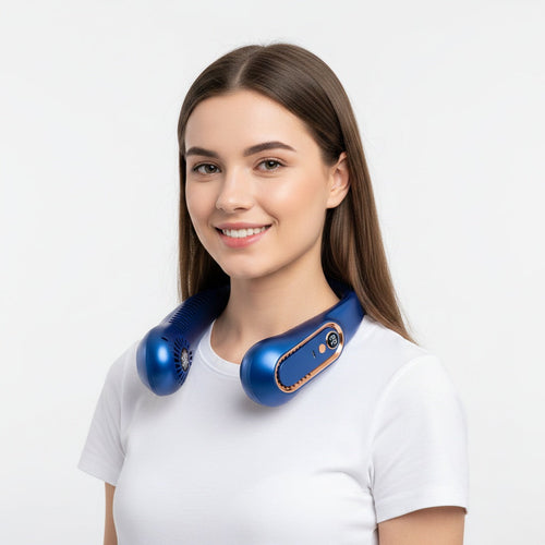 Woman wearing BreezeLoop blue hands-free neck fan